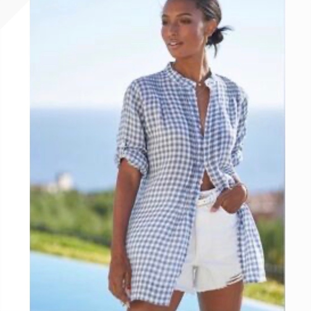 CP Shades x Gorsuch Gingham Linen Tunic Blouse Womens Medium Pintuck Coastal